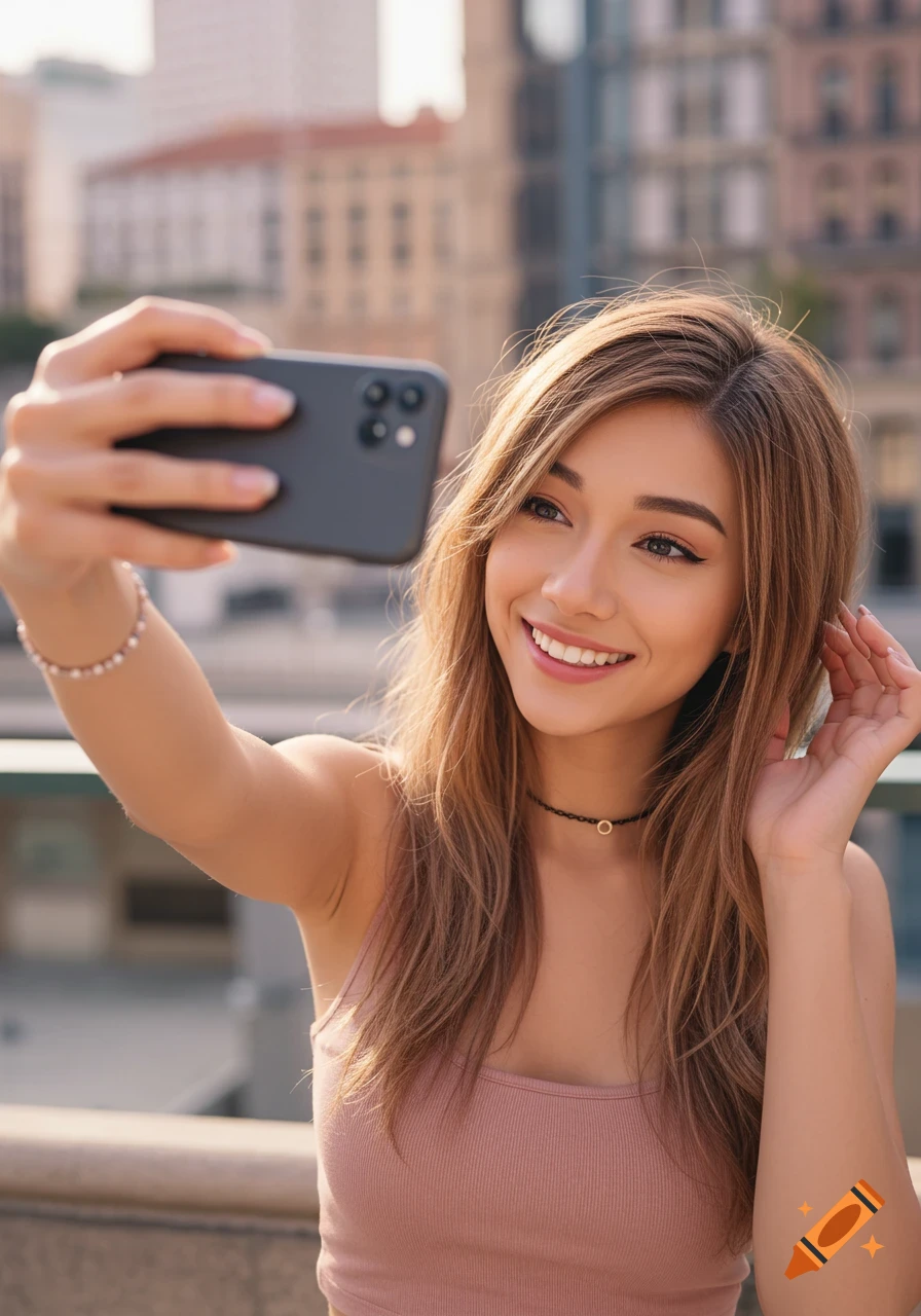 A smiling woman takes a selfie with her phone against a blurred city background.