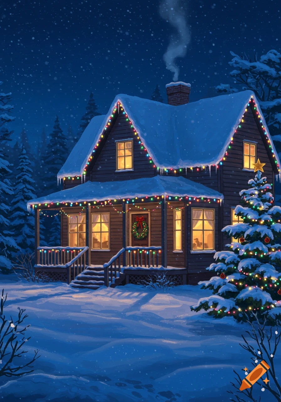 A cozy house adorned with colorful Christmas lights and a wreath in a snowy landscape at night with a decorated Christmas tree.
