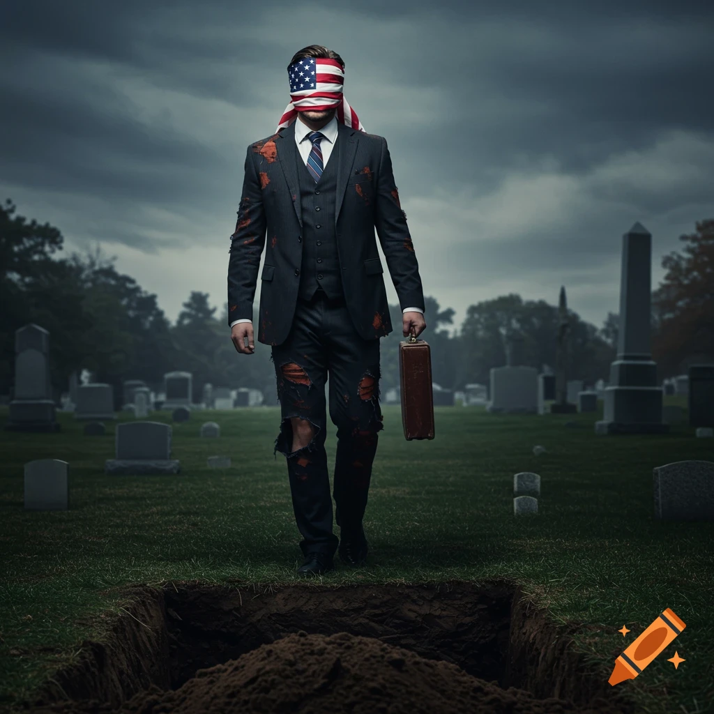 Photorealistic image of a businessman in a ripped suit, blindfolded by an American flag, walking towards an open grave in a gloomy graveyard.