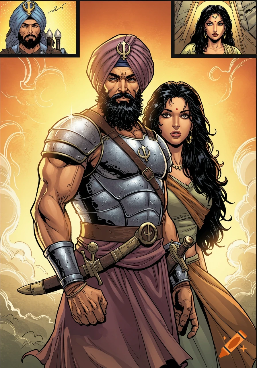 Comic book style illustration of a heavily armored Sikh warrior and a beautiful woman standing against a sunny, cloudy background.