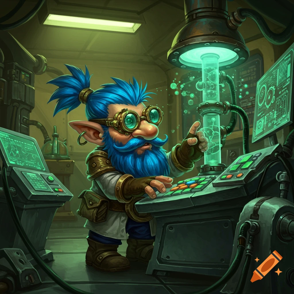 A blue-bearded gnome in goggles operates a control panel in a glowing, steampunk-style science lab.