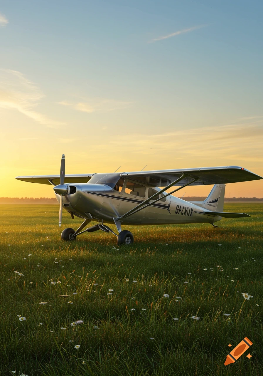 A vintage silver Cessna airplane parked in a green grassy field during a golden sunset, with a clear sky.