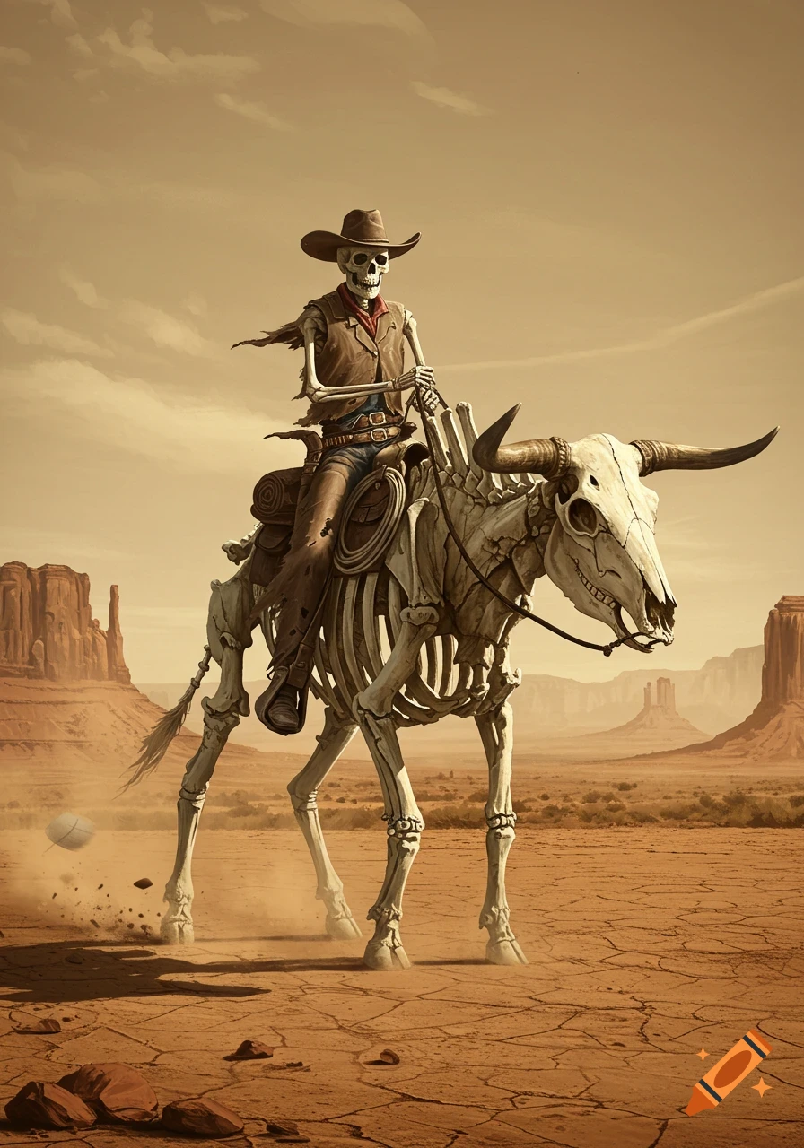 A skeleton cowboy in a hat and tattered clothes rides a skeleton bull through a dusty desert landscape with mesas.