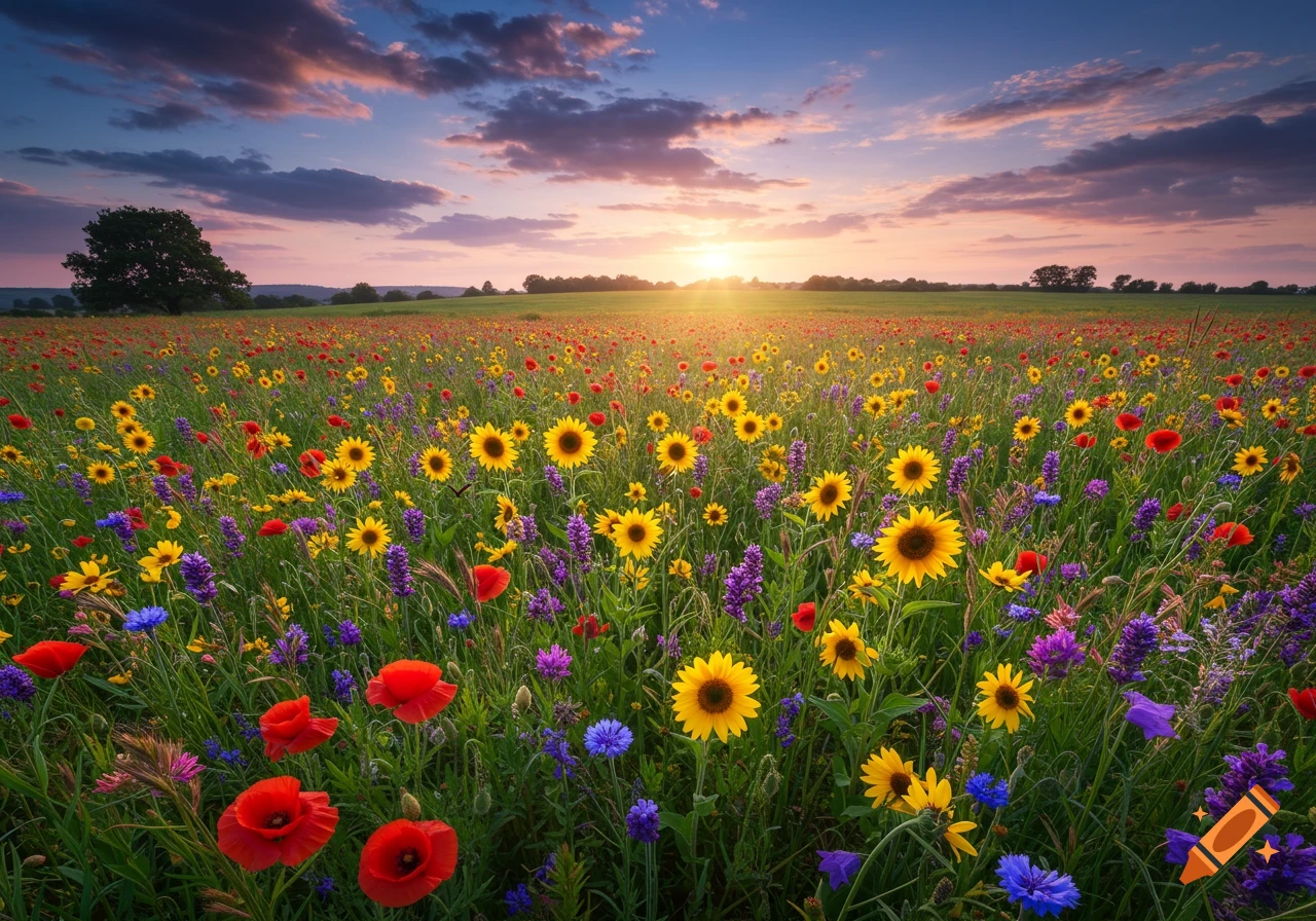 A vibrant wildflower field at sunset, with yellow sunflowers, red poppies, and various purple and blue flowers under a dramatic sky.