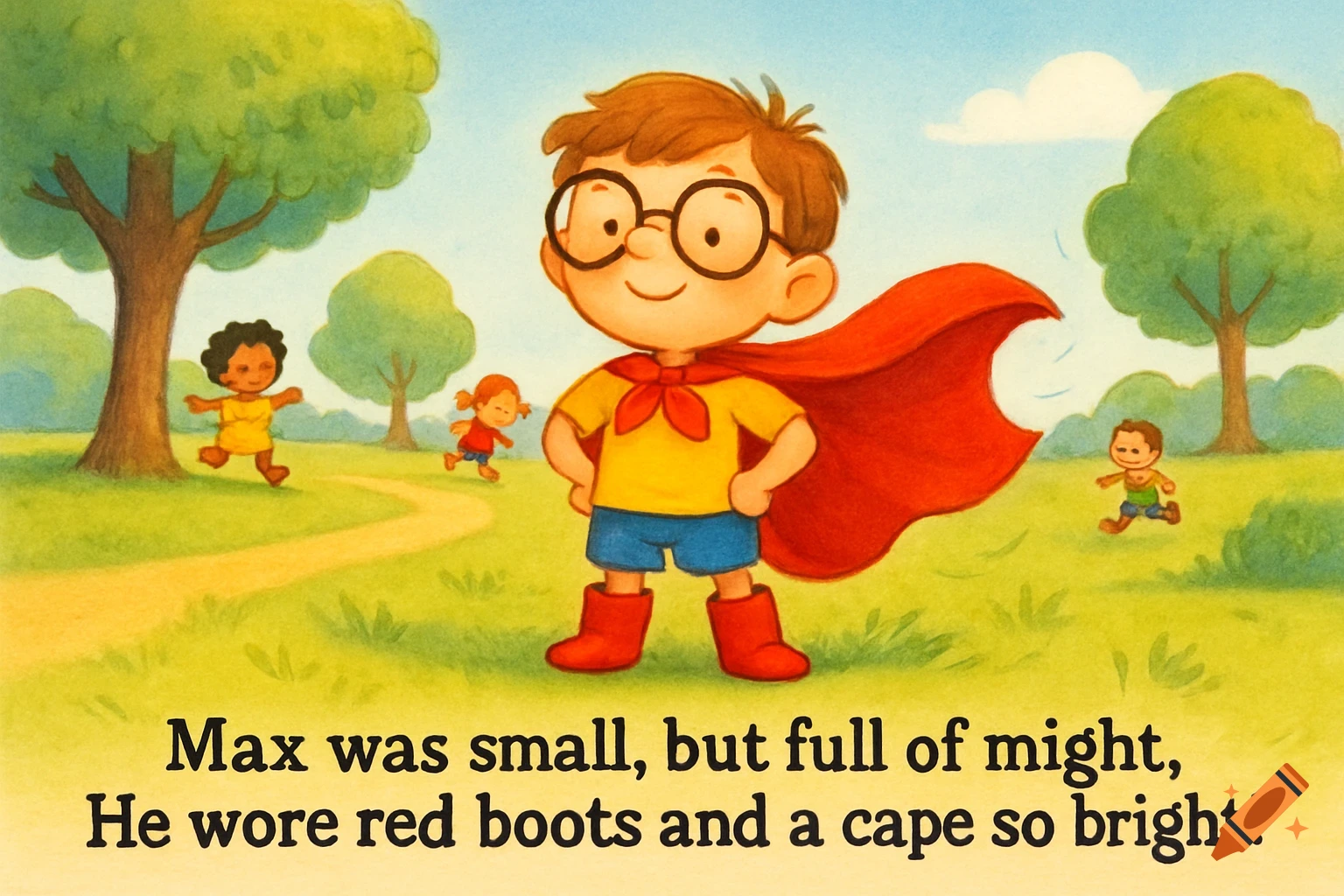 Children's illustration of a boy in a red superhero cape, red boots, and glasses, standing proudly in a sunny park. Text below.