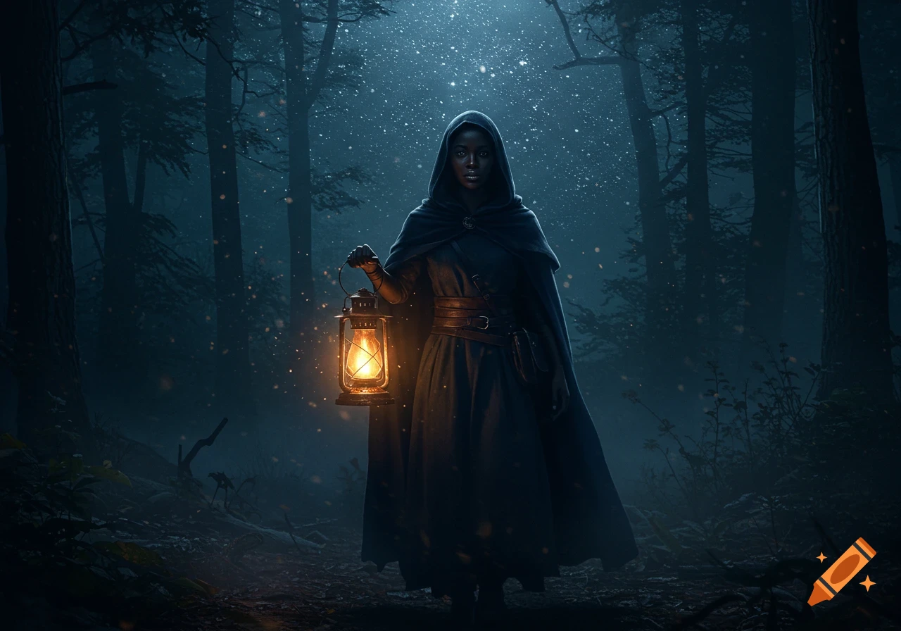 A lone Black woman in a cloak holds a glowing lantern in a dark, misty forest at night with light particles.
