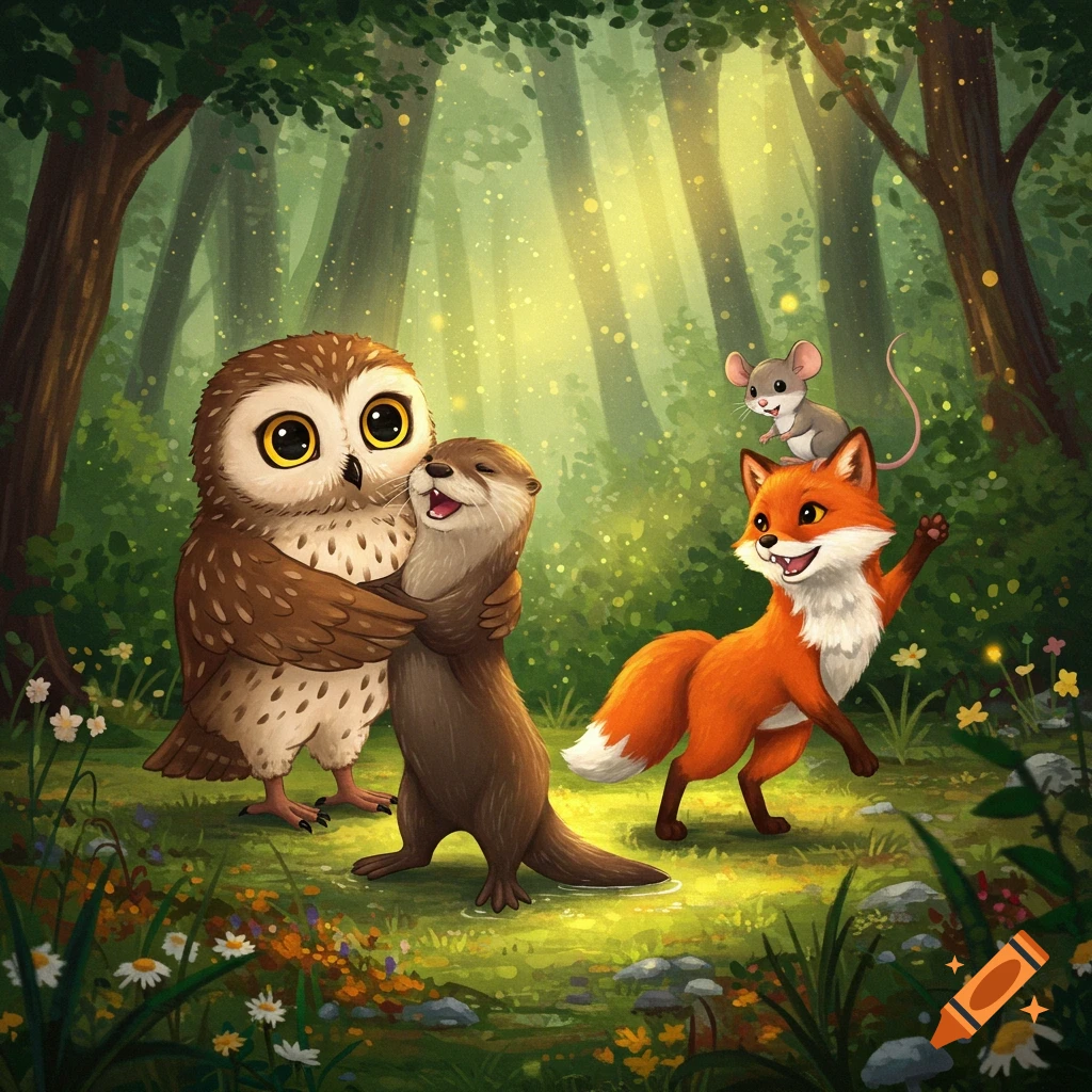 A cute owl hugs an otter in a magical forest while a fox waves with a mouse on its back.