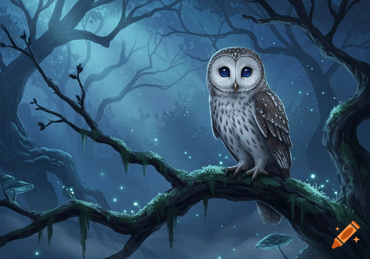 A white and brown owl with bright blue eyes perches on a mossy branch in a dark, mystical forest with glowing elements.