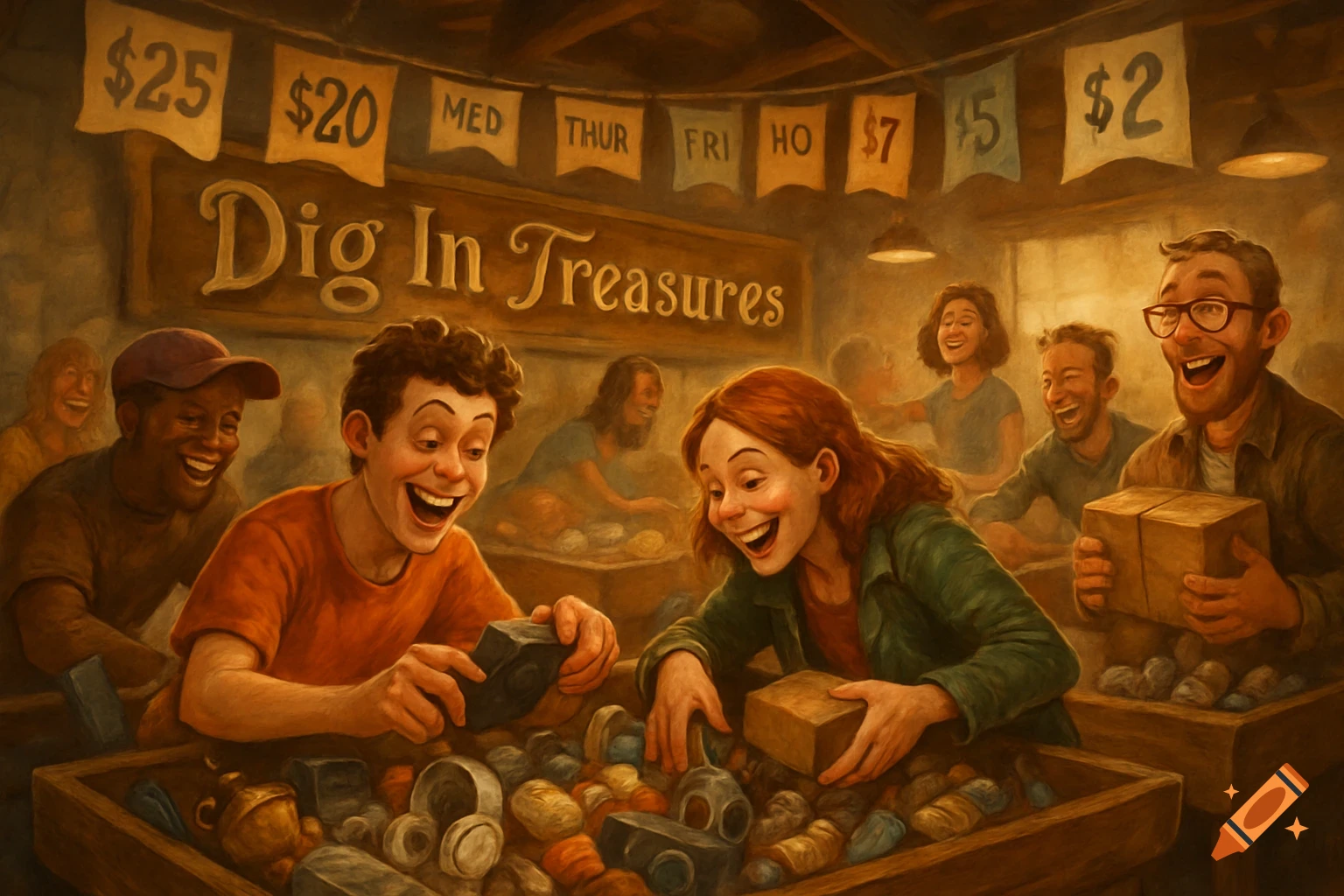 A group of happy people sifting through bins filled with various treasures at a store called "Dig In Treasures," with price banners overhead. The image has a painterly style.