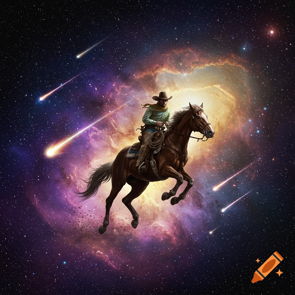 A cowboy on horseback rides through a vibrant galaxy with nebulae and streaking meteors.