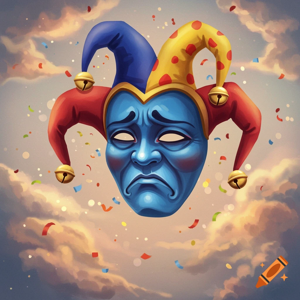 A sad blue jester mask with a red and blue jester hat floats among clouds with colorful confetti in an illustrative style.