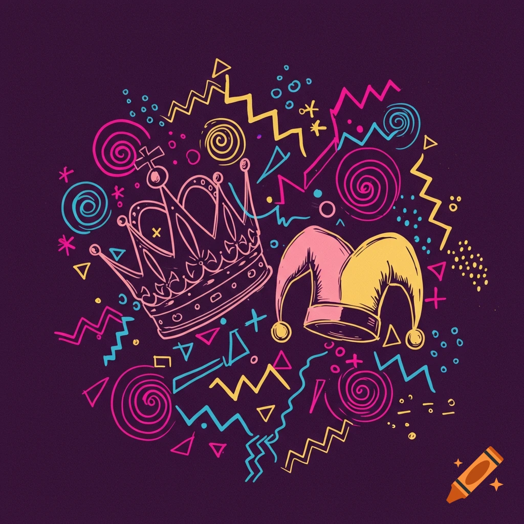 Outline drawing of a pink crown and a pink and yellow jester hat, surrounded by colorful abstract shapes on a dark background.