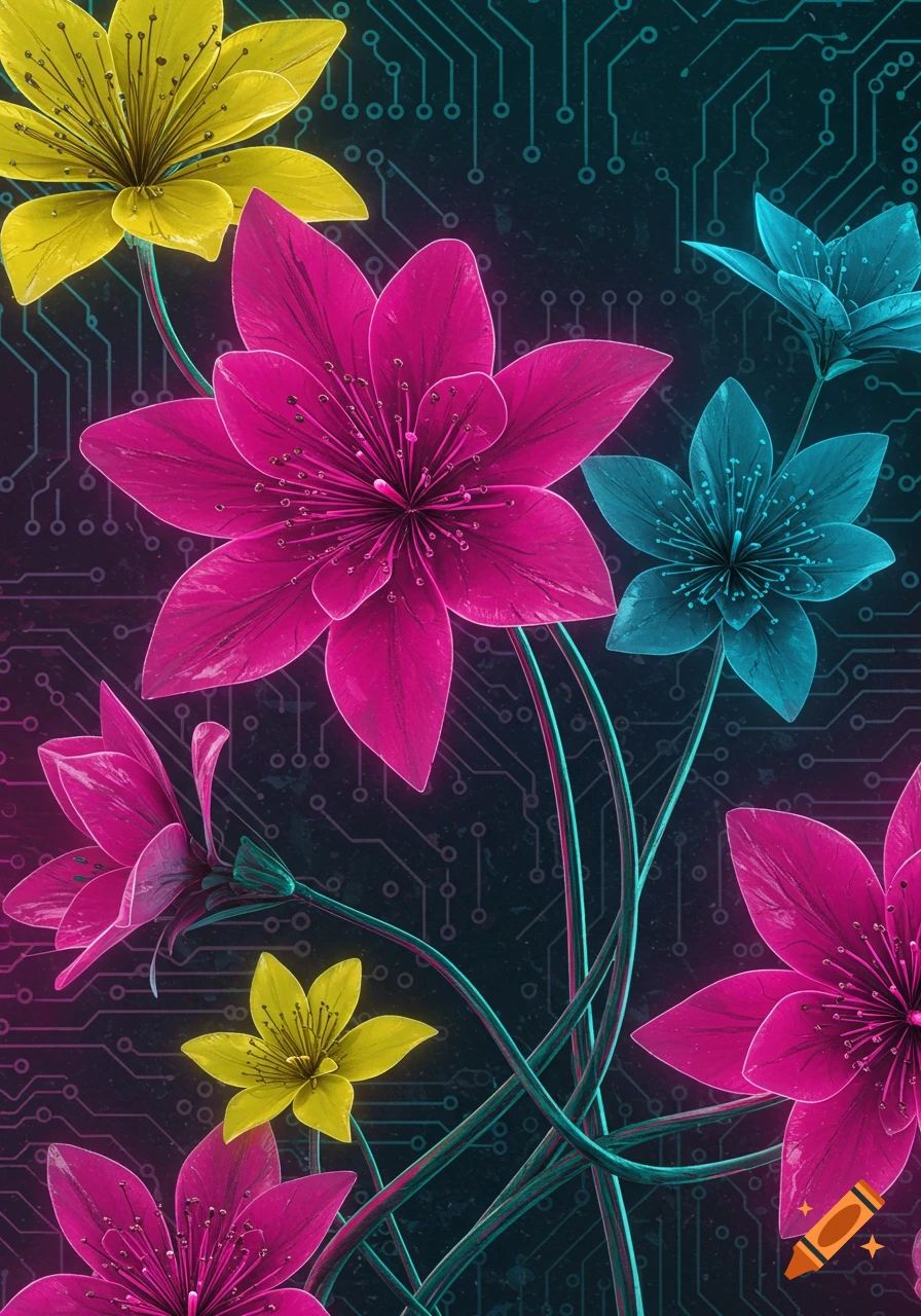 Vibrant pink, yellow, and blue flowers with glowing stamens against a dark background featuring teal circuit board patterns, in a digital art style.
