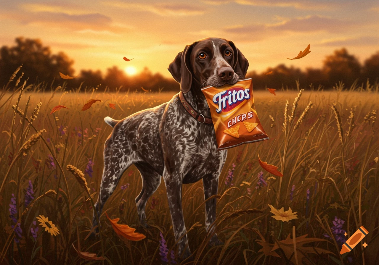 A German Shorthaired Pointer dog stands in a field at sunset, holding a bag of Fritos chips in its mouth, with autumn leaves falling around.