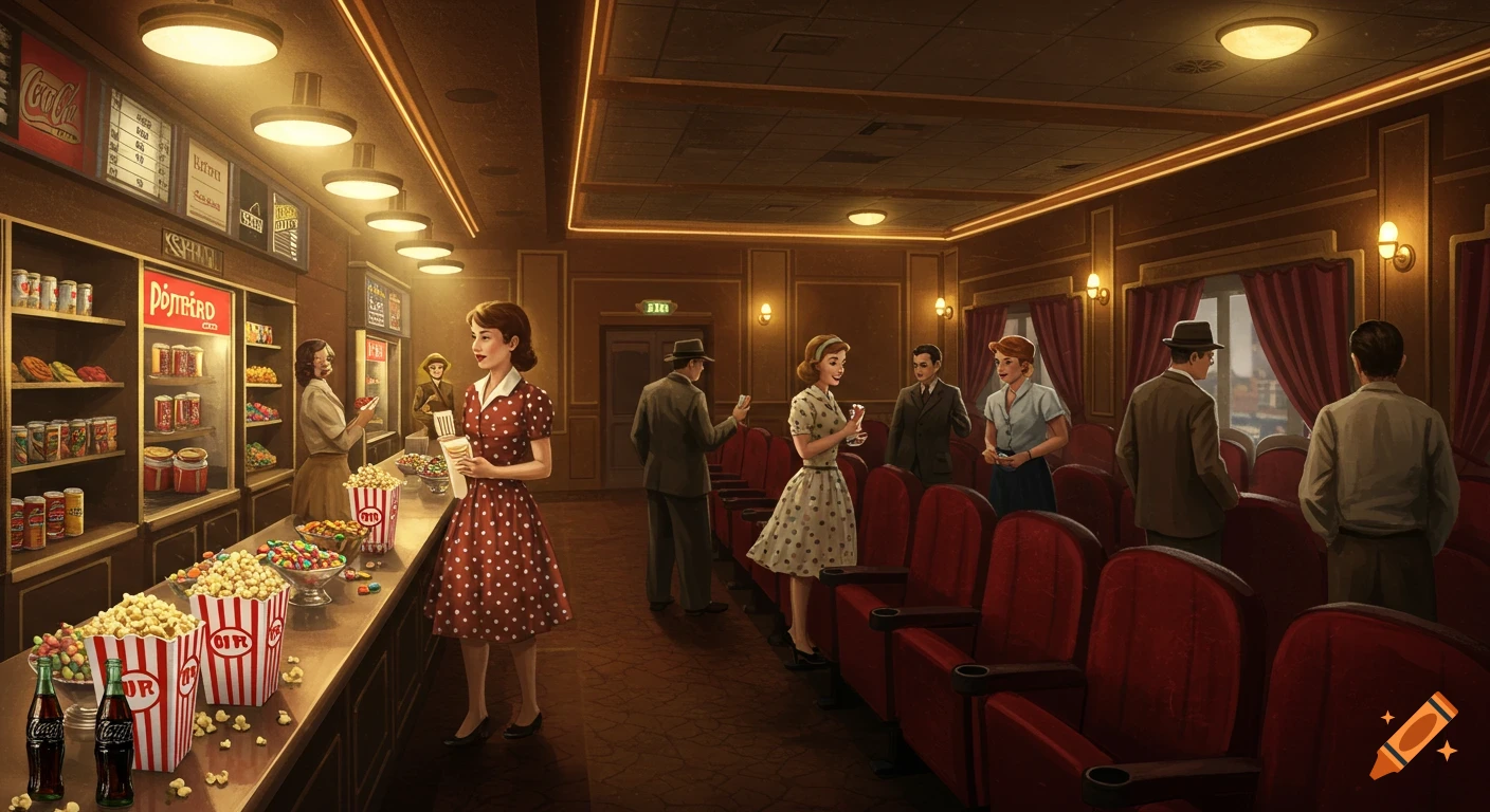 A vintage-style illustration of a 1950s movie theater concession stand and lobby, with people buying snacks and heading towards the theater seats.