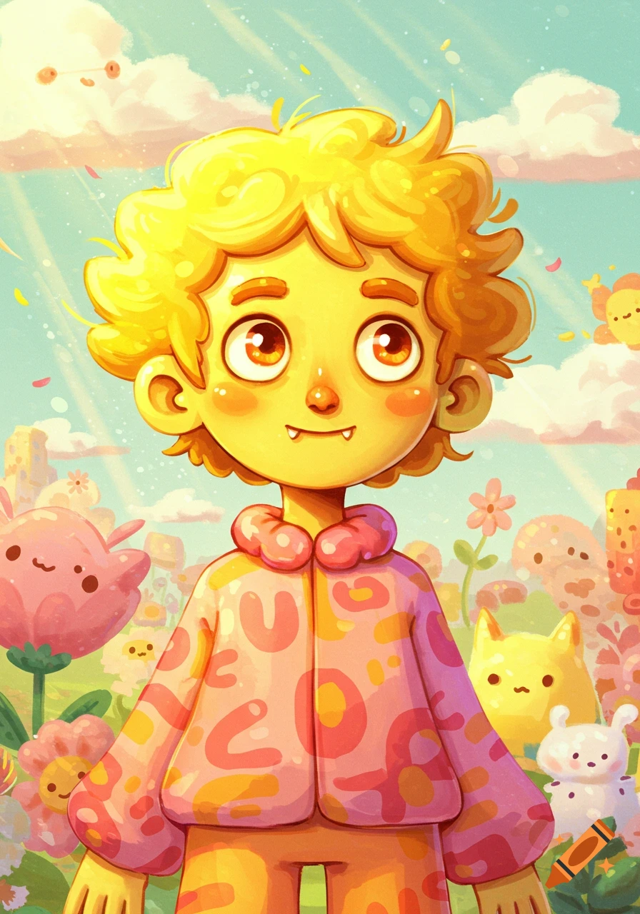 A whimsical, colorful cartoon illustration of a happy yellow boy with fangs looking up, surrounded by smiling flowers and cute creatures.