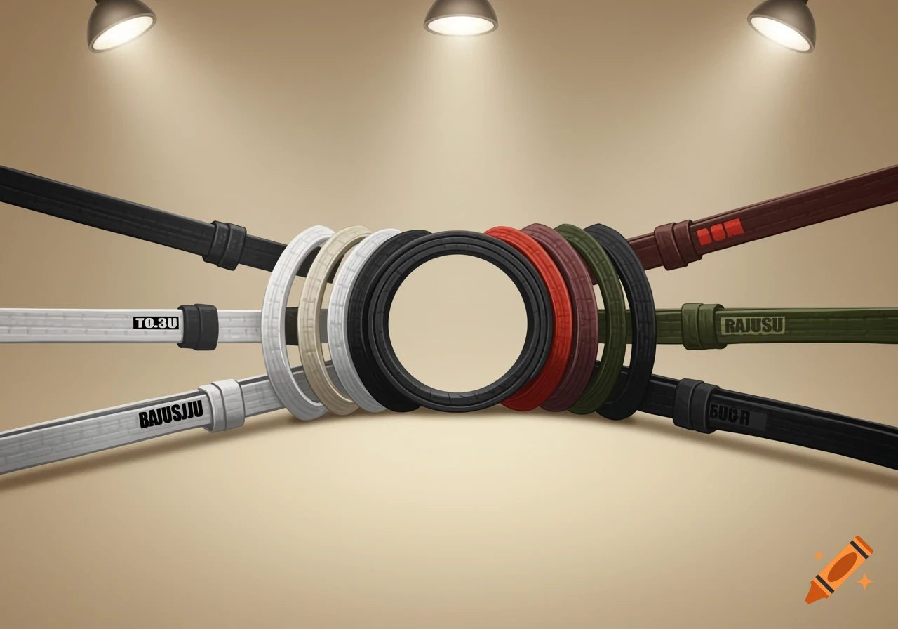 A circular arrangement of various colored martial arts belts, including white, black, red, and green, illuminated by three spotlights.