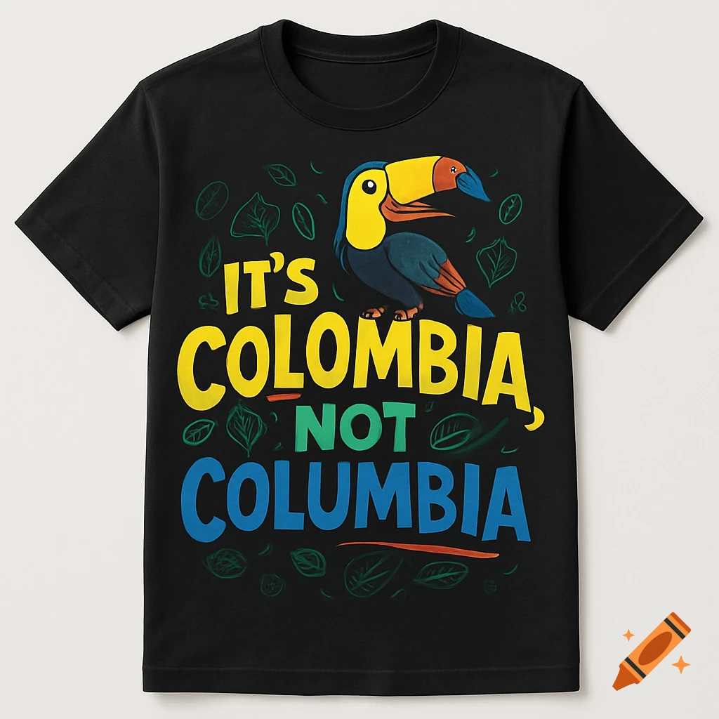 A black t-shirt featuring a colorful cartoon toucan above the text "IT'S COLOMBIA, NOT COLUMBIA" in yellow, green, and blue.