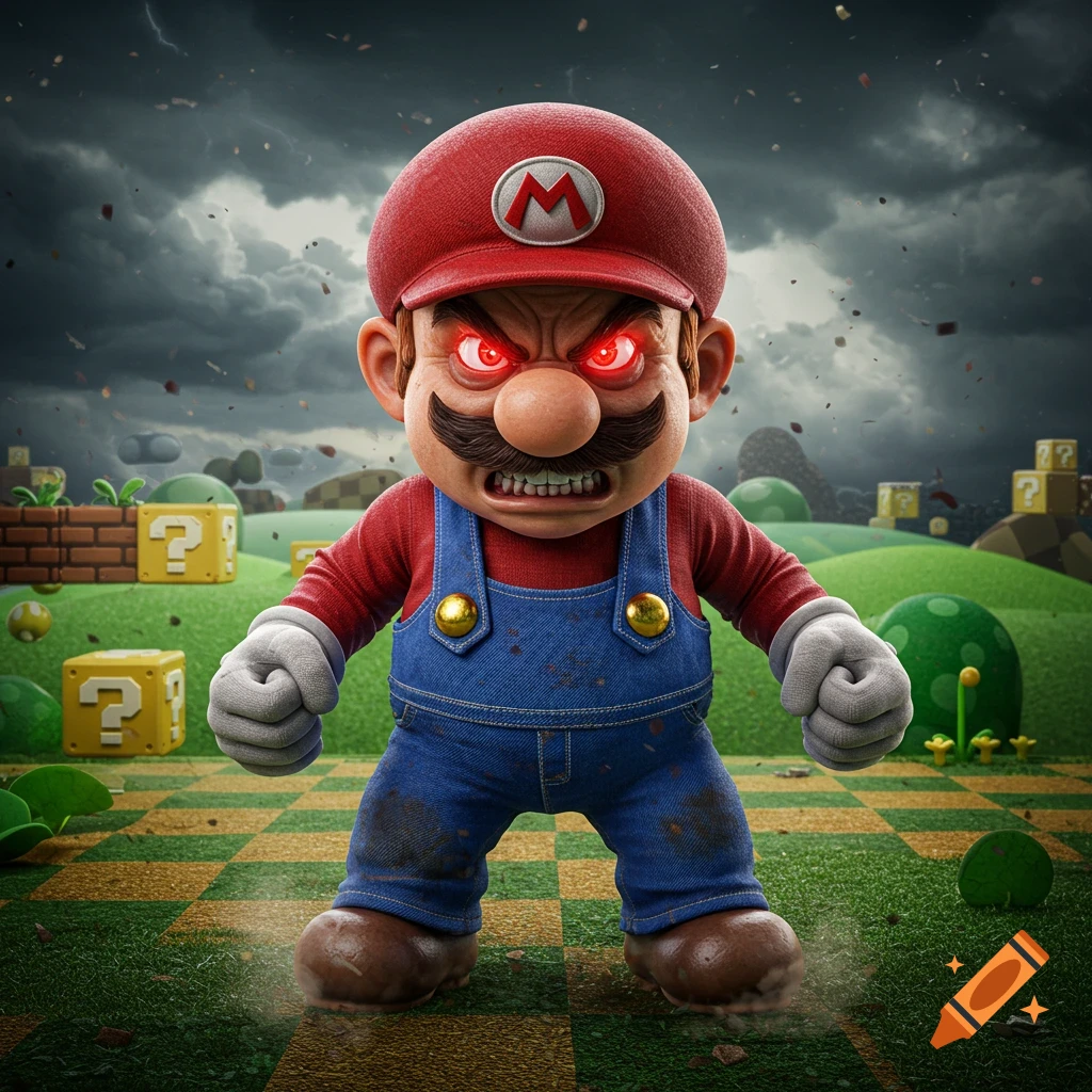 A realistic 3D render of an angry Super Mario with glowing red eyes, standing on a green checkerboard field with question mark blocks under a stormy sky.