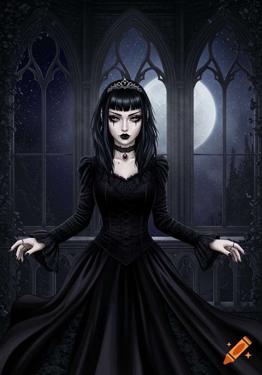 A gothic woman in a black dress and crown stands before large windows overlooking a moonlit night sky.
