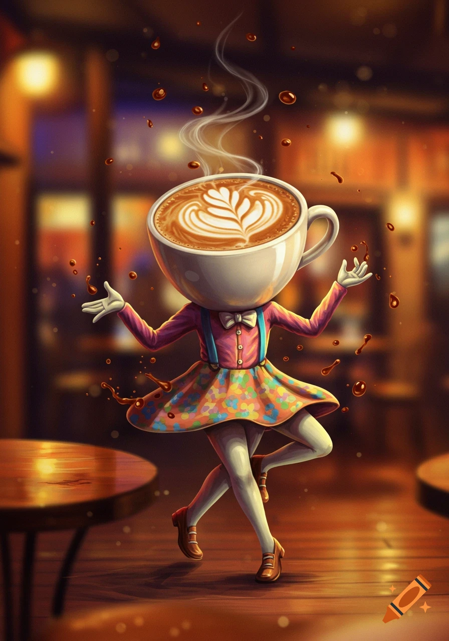 A whimsical character with a cappuccino cup for a head, wearing a colorful dress and suspenders, dancing in a warm-lit cafe.