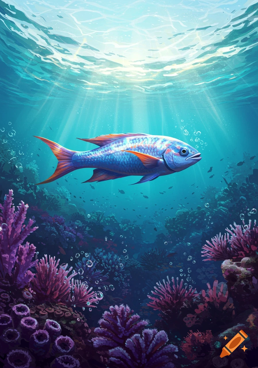 A vibrant blue and orange fish swims above purple and pink coral in a clear, sunlit ocean.