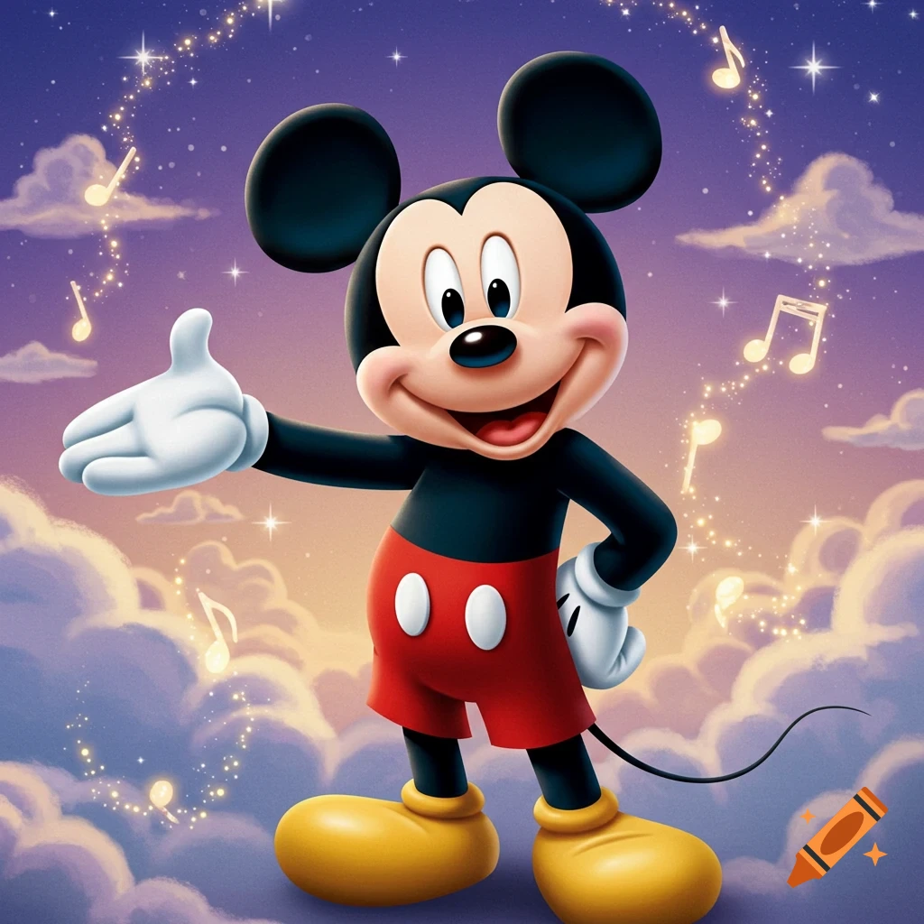 Mickey Mouse smiling in a magical sky filled with clouds, stars, and floating musical notes.