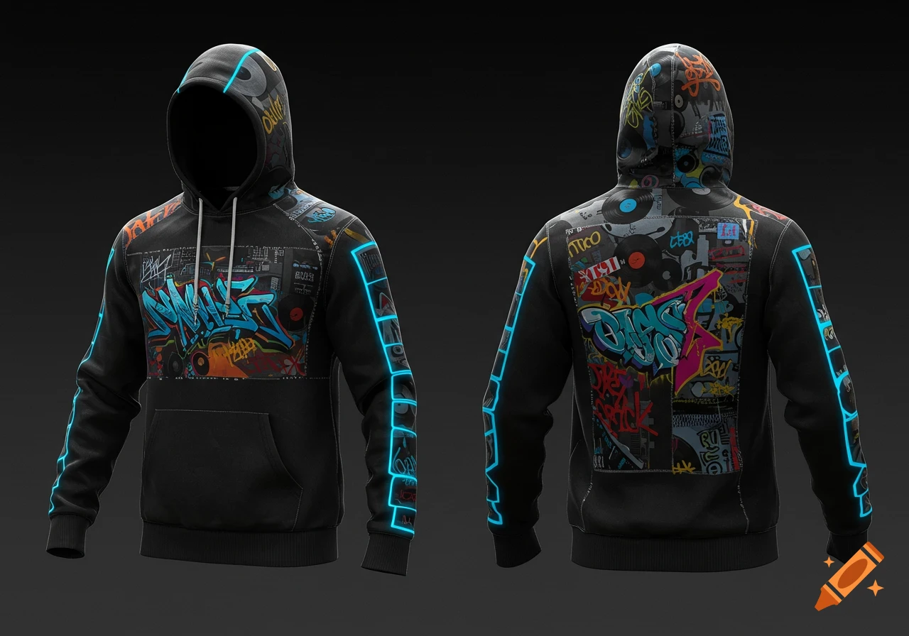 Black hoodie with glowing blue wire stripes on the arms and colorful graffiti art featuring the words 'SWAG' and 'DANCE' on the front and back.