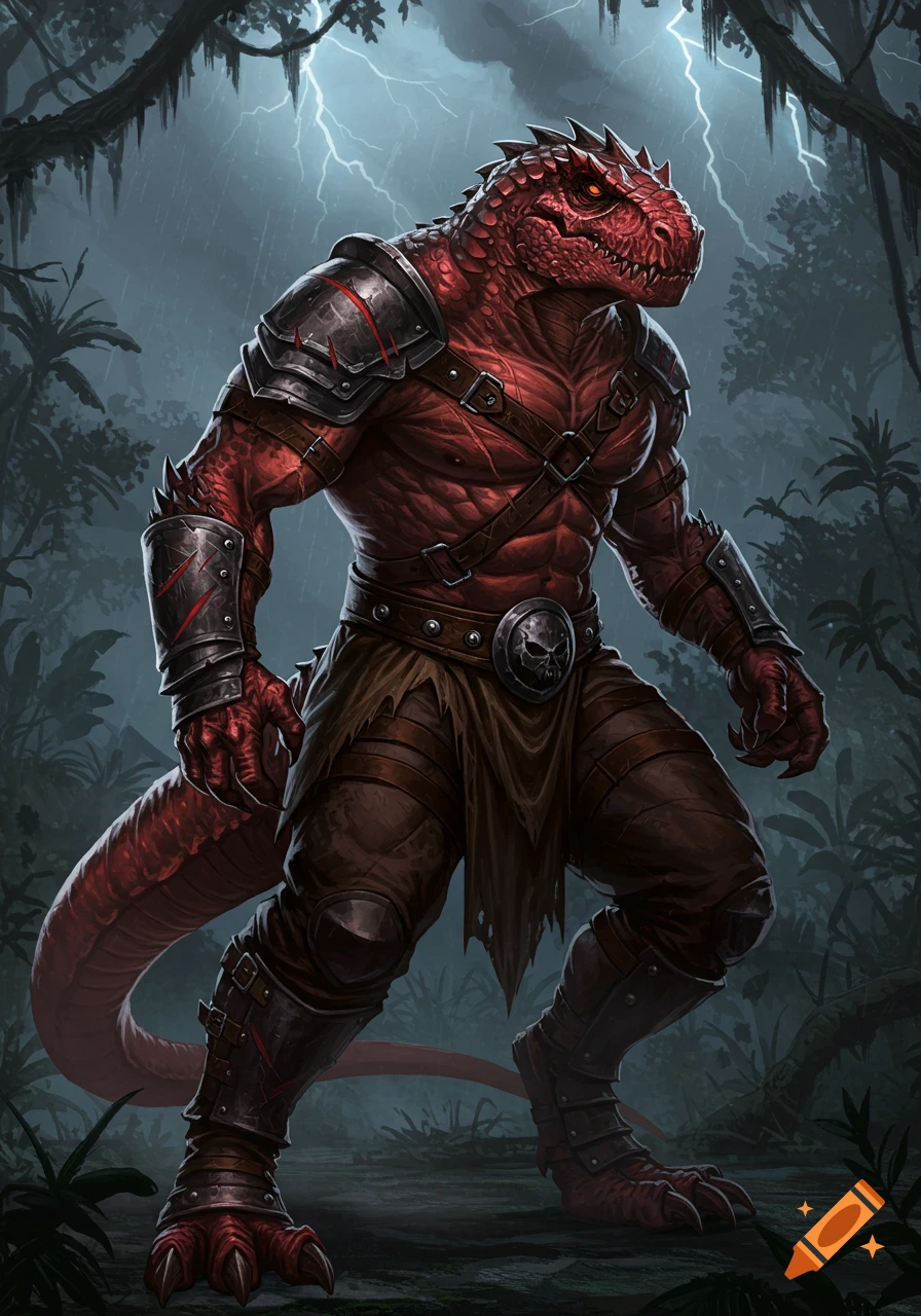 A muscular, red-scaled lizard warrior with T-Rex features and armor stands in a dark, stormy jungle with lightning.