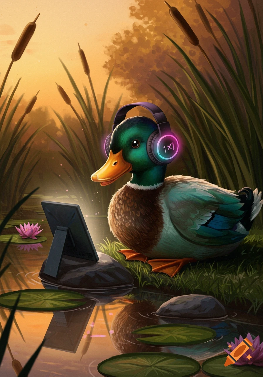 Vibrant illustration of a mallard duck with glowing headphones looking at a tablet by a pond with lily pads and cattails.