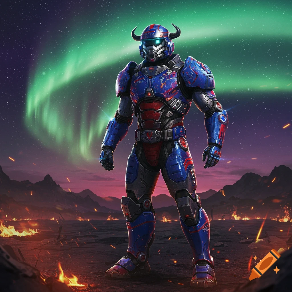 A blue and red armored space marine with a horned helmet stands amidst fire under a green aurora borealis.
