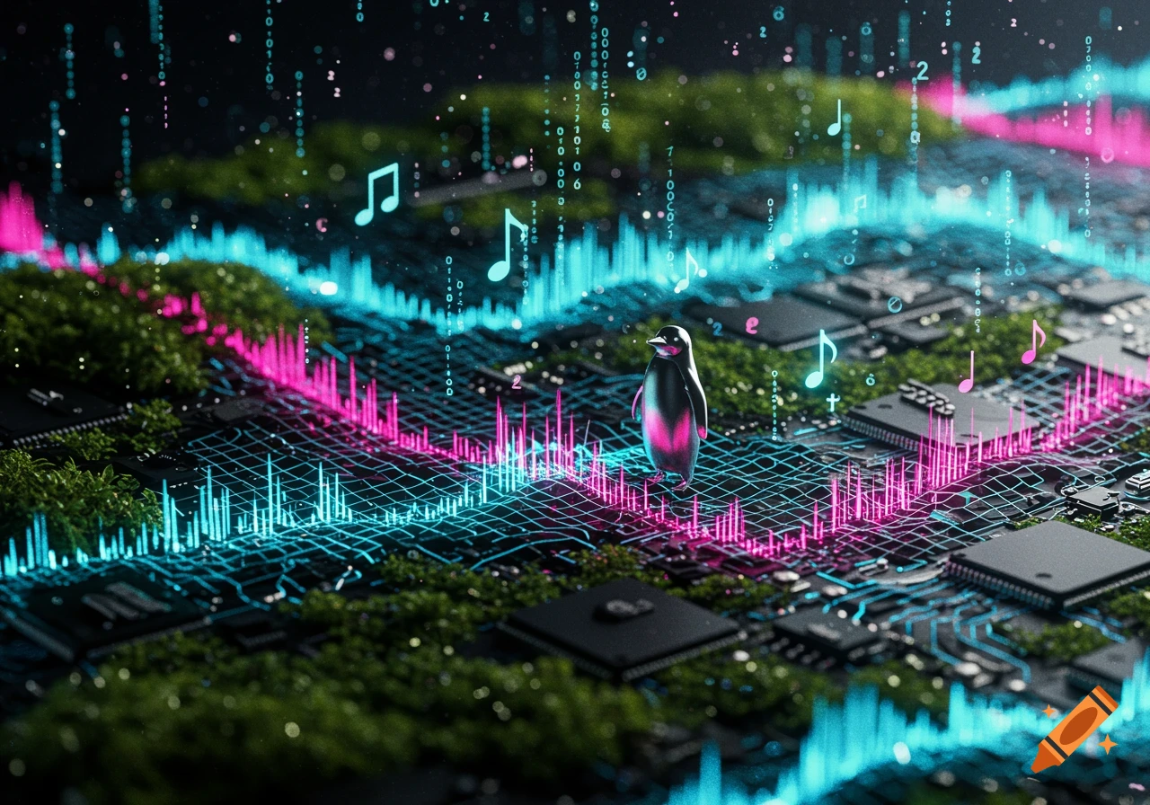 Miniature penguin on a futuristic circuit board with glowing pink and blue sound waves, music notes, and binary code.