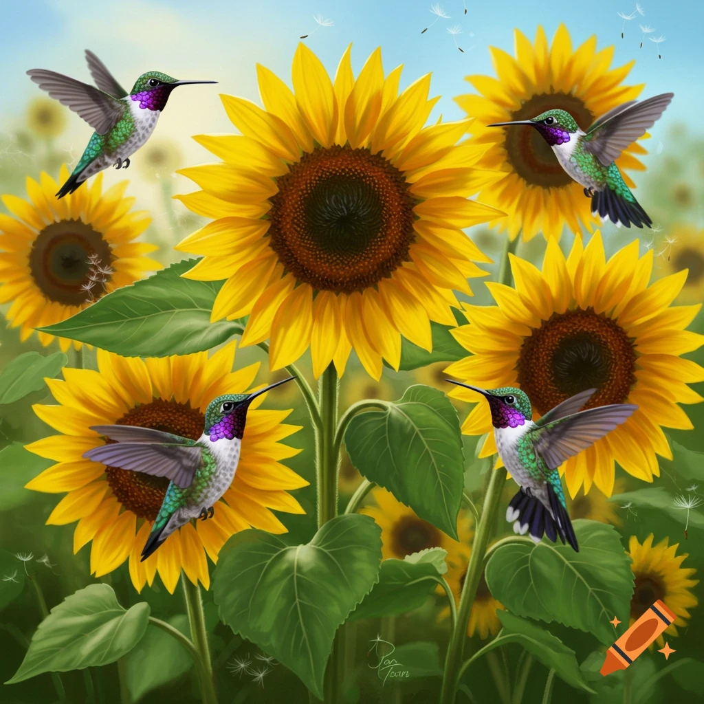 Vibrant painting of several hummingbirds with green and purple feathers flying among bright yellow sunflowers in a sunny field.