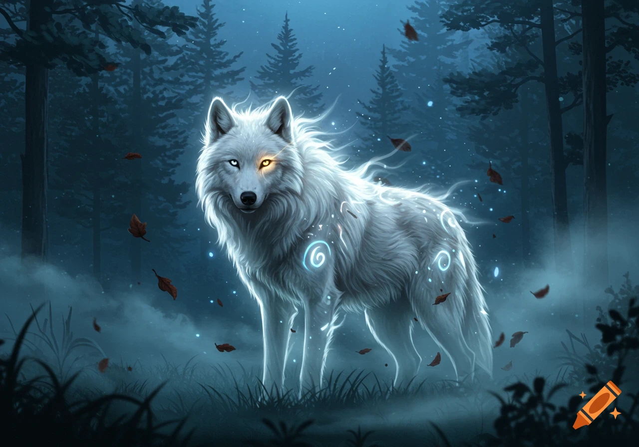 An ethereal white wolf with glowing patterns and mismatched blue and yellow eyes stands in a mystical, foggy forest with falling leaves.