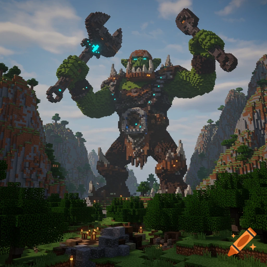 A colossal green orc god statue made of Minecraft blocks stands in a blocky valley with mountains and trees under a cloudy sky.