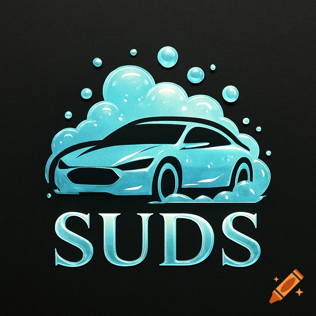 A light blue stylized car surrounded by soap bubbles above the text 'SUDS' on a black background, forming a logo.