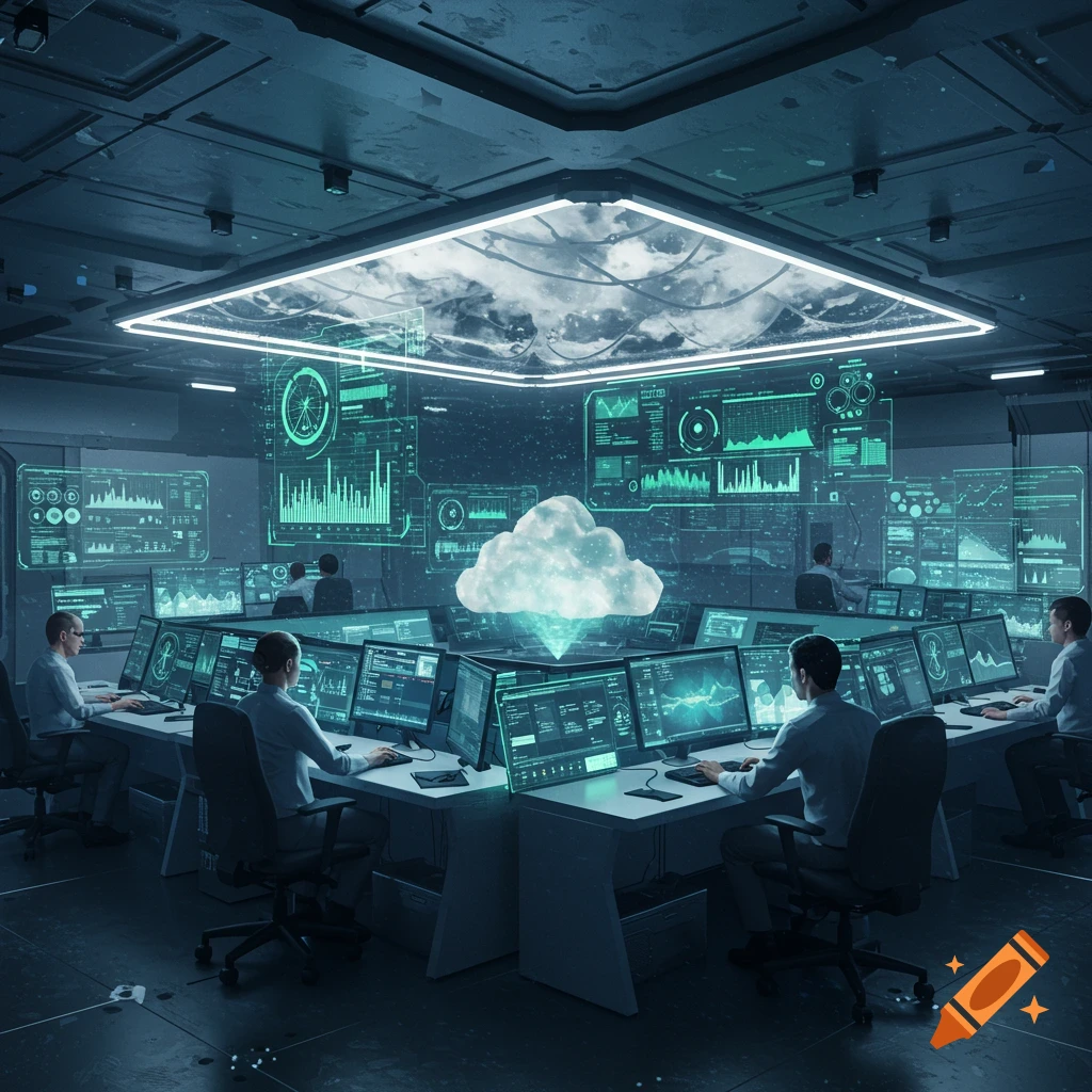 A futuristic control room with screens displaying data, and a glowing cloud hologram in the center. People work at stations.