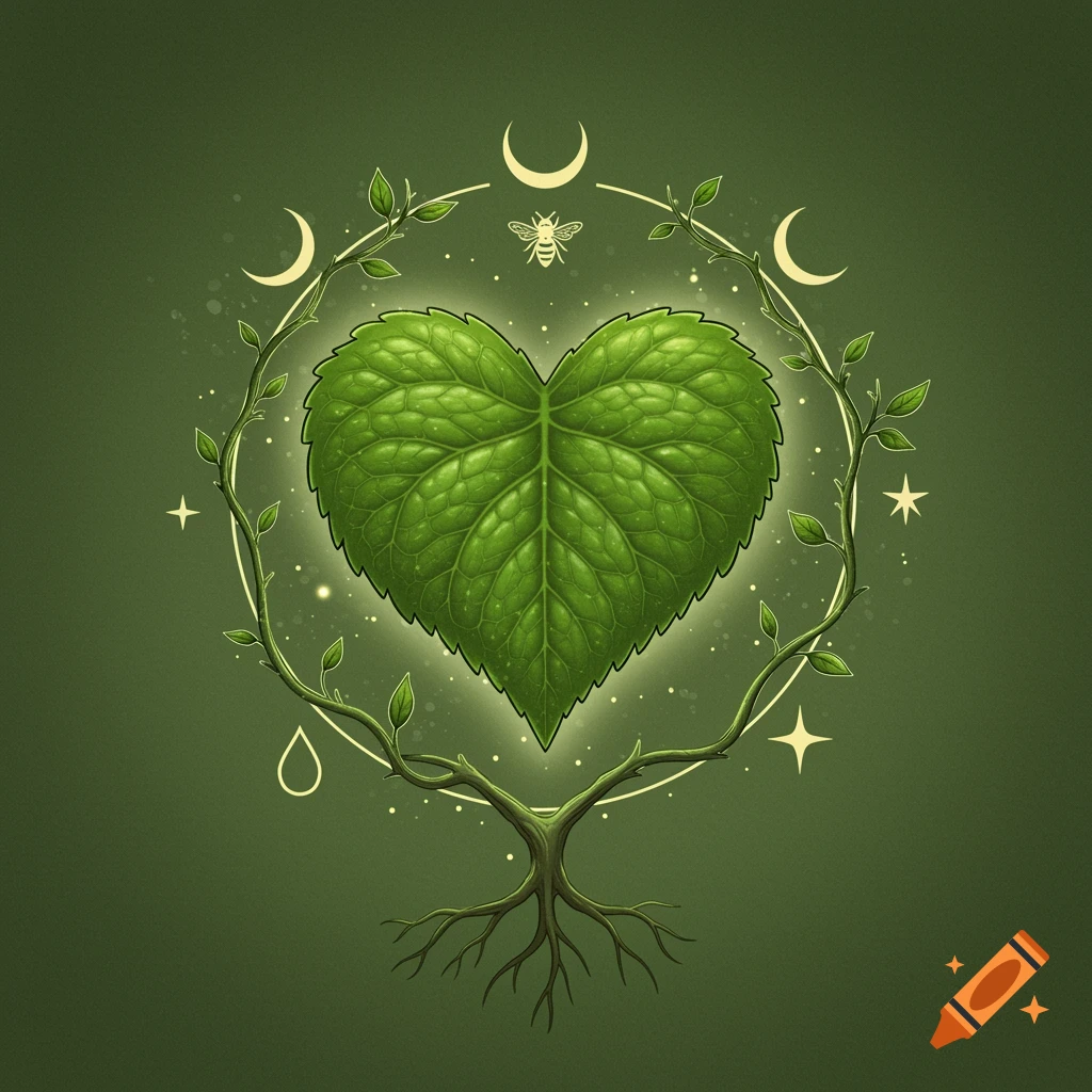 A stylized green heart-shaped leaf glowing at the center of a circular vine frame. The frame features moons, stars, a bee, and a water drop symbol. Roots extend downwards from the vine base. The background is a solid dark green.