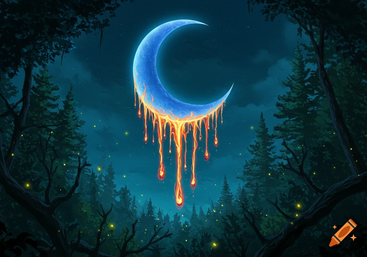 A blue crescent moon drips fiery orange liquid over a dark forest with glowing fireflies at night. Illustrated style.
