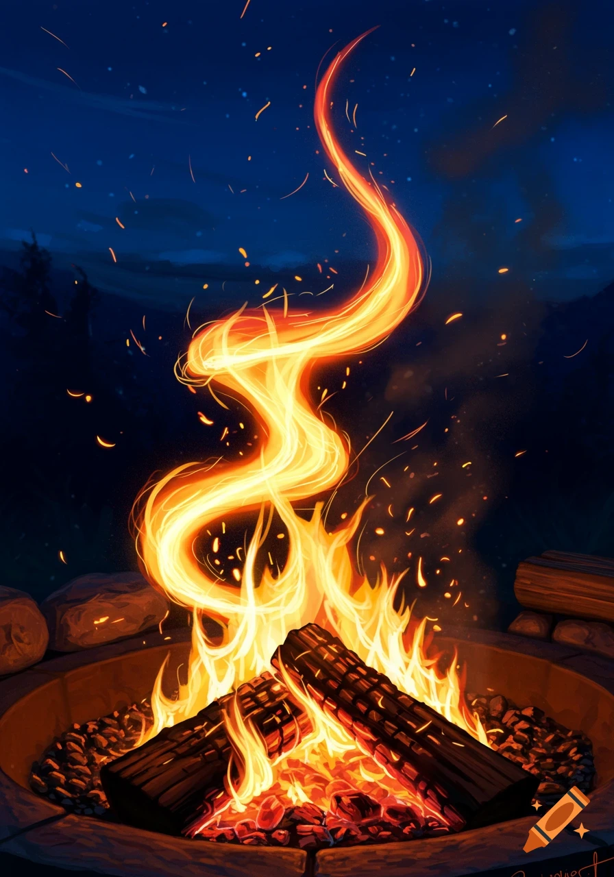A stylized campfire with bright orange and yellow flames rising against a dark blue night sky with faint stars.