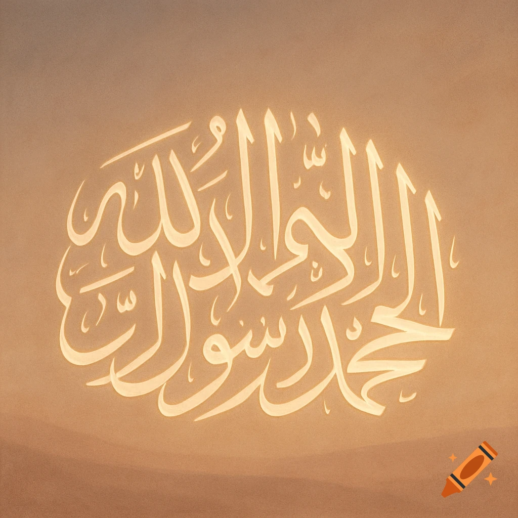 A glowing, light beige Arabic calligraphy of the Shahada on a subtle gradient beige background.