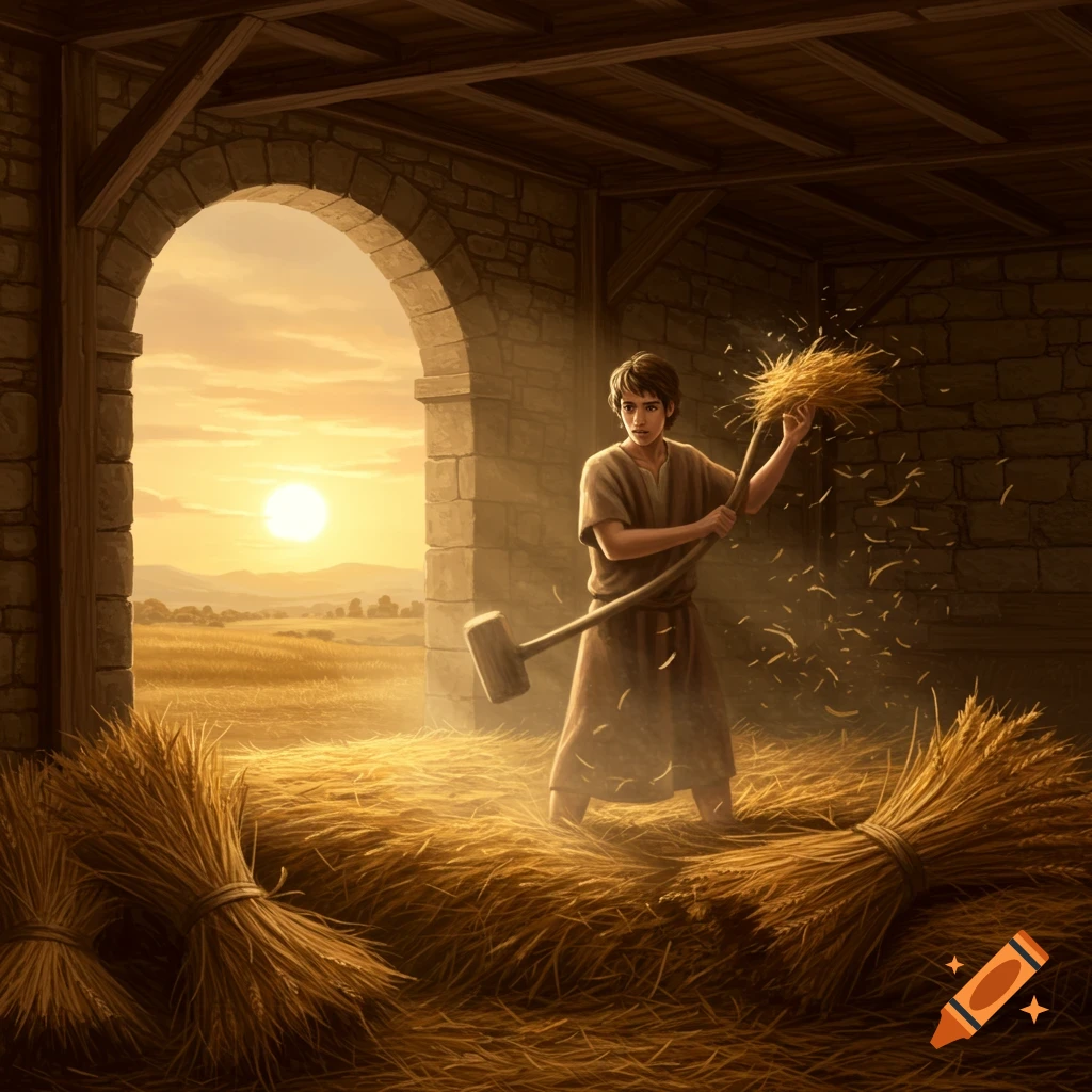 A young man threshes hay with a flail inside a stone barn, bathed in golden sunset light from an arched doorway revealing a golden field.