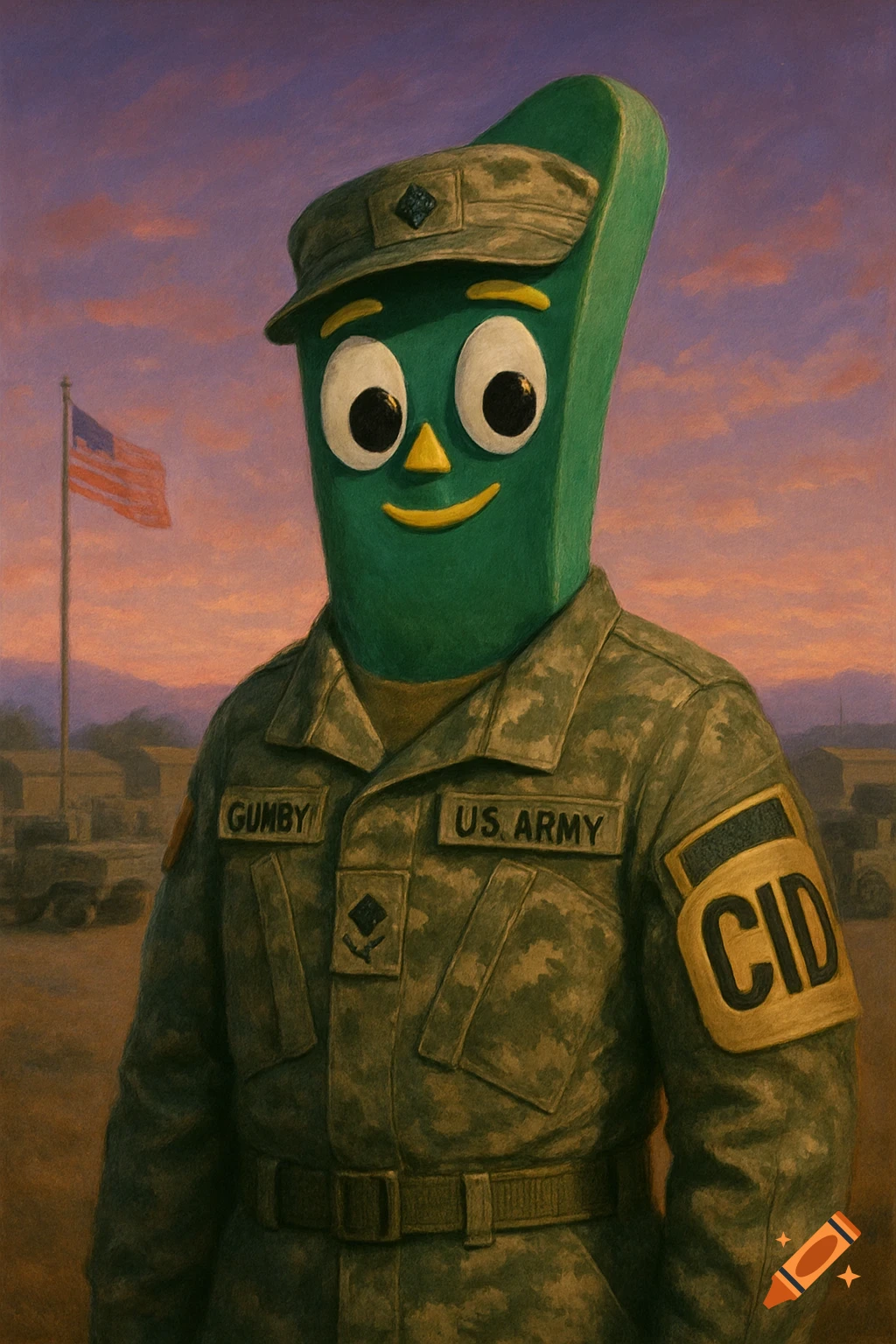 A smiling Gumby, the green cartoon character, wears a US Army uniform and cap, standing in a desert military base with an American flag at sunset.