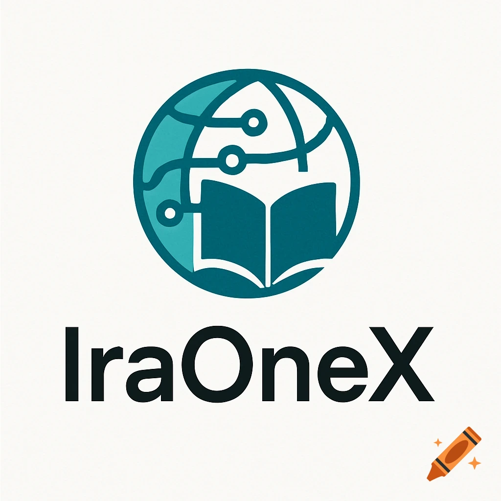 A logo featuring a teal globe with circuit lines and an open book, with the text 'IraOneX' below it.