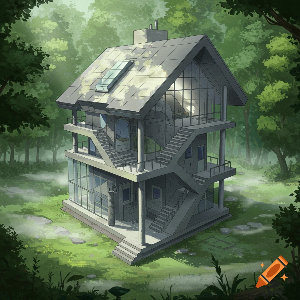 A modern, multi-level architectural house with numerous stairs and large windows, surrounded by a dense green forest.