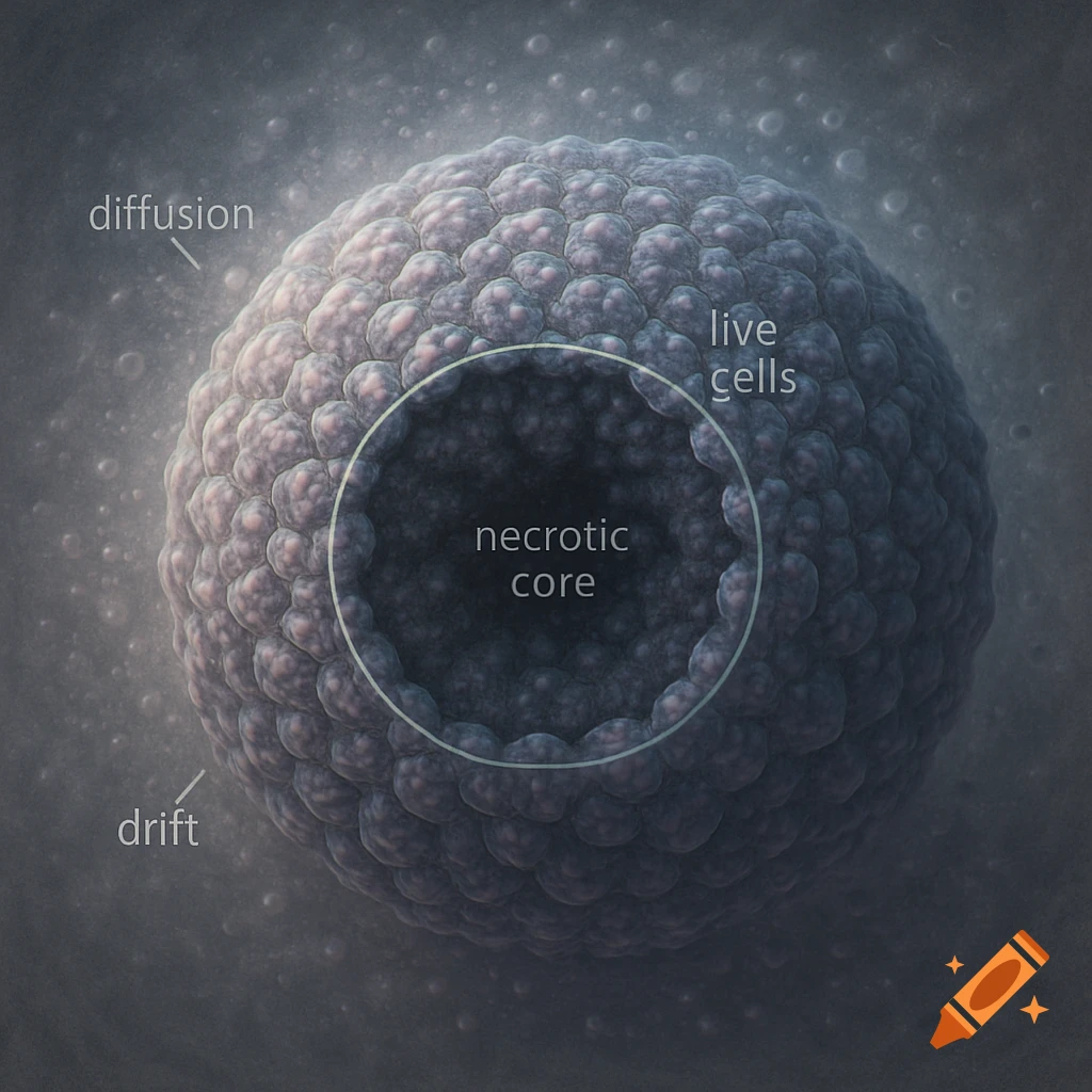 Detailed scientific illustration of a spherical cell or tumor with a necrotic core, labeled for diffusion, drift, and live cells.