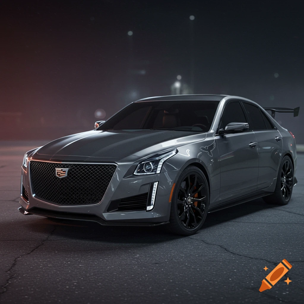 A hyper-realistic gray Cadillac CTS-V with black rims and a large spoiler, parked at night.