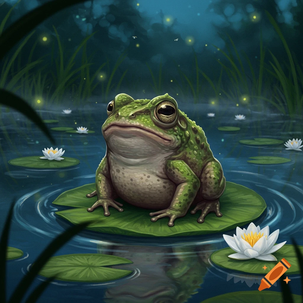 A cute green toad sits on a lily pad in a dark pond at night, surrounded by other lily pads and glowing fireflies.