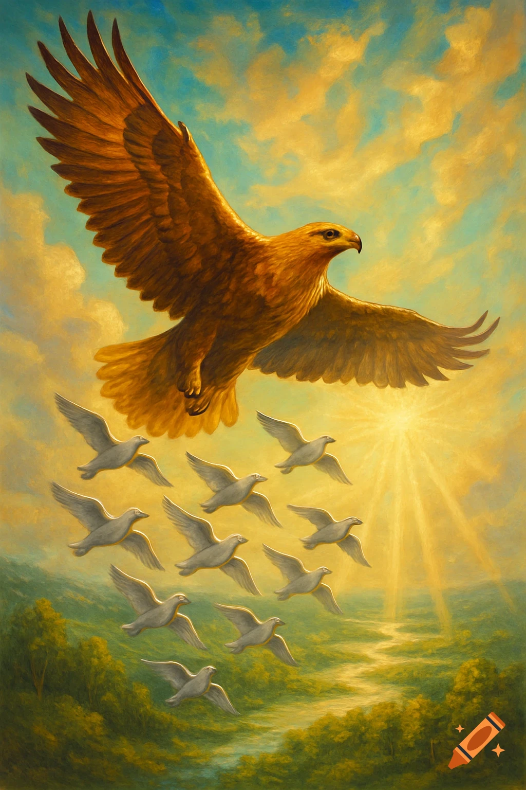 A majestic golden eagle soars above a flock of white birds flying over a green landscape with a river under a bright, cloudy sky.
