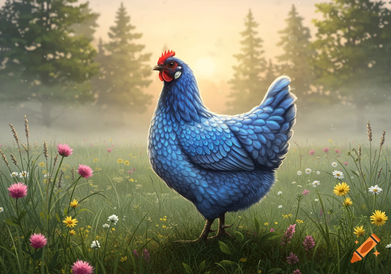 A vibrant blue chicken stands in a field of colorful wildflowers with trees and a hazy sun in the background.